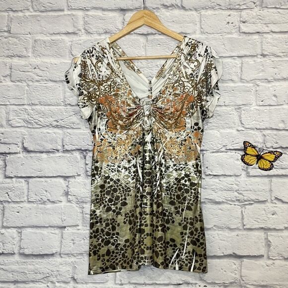 One World Double V Petal Sleeve Abstract Top Size Medium - Picture 2 of 9